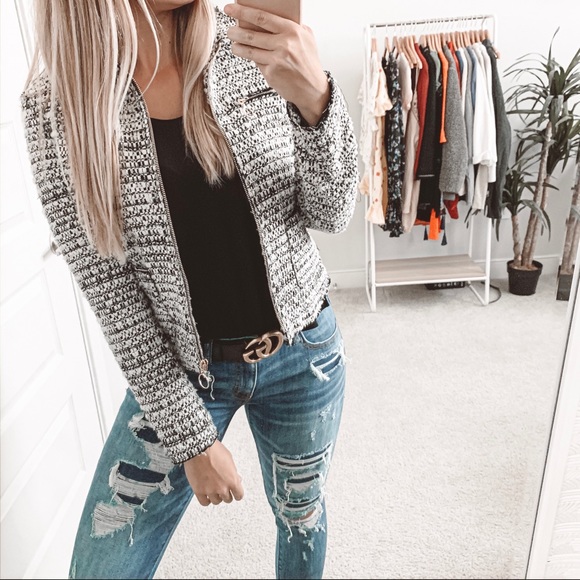 Zara Jackets & Blazers - Zara Tweed Zip Up Jacket Black White Small